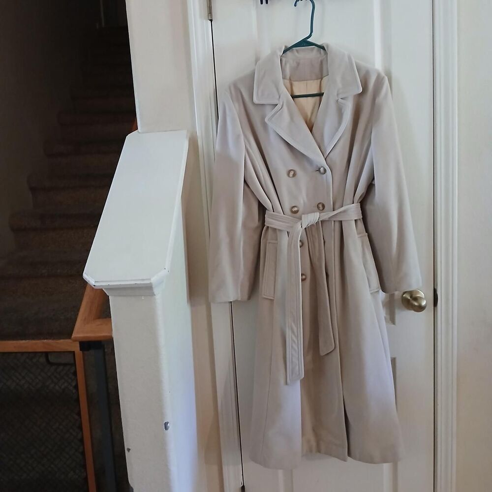 Vintage 70s Elegant Fashions Tan Faux Cashmere Belted Trench Coat ILGWU USA Made